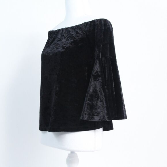 1.State Womens Velvet Off-Shoulder Black Bell Sleeve Classic Comfort Top, Small - Picture 3 of 13
